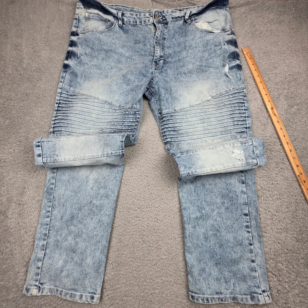 Southpole Biker Moto Jeans Mens 46x34 Light Blue Acid Wash Distressed Ribbed